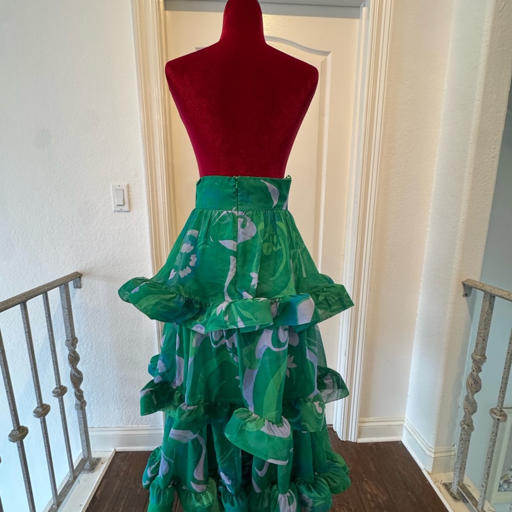 🦄 NWT Mac Duggal Sz 2 Printed Chiffon Green Floral A-Line Tiered Ruffle Skirt - Picture 9 of 16